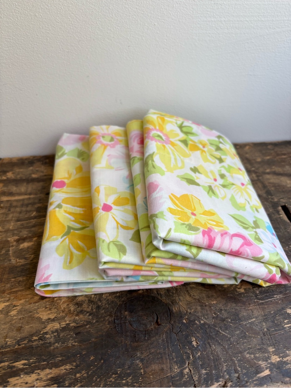 Lot of three vintage floral pillowcases. Standard size- pink yellow green 1970s